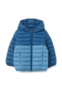 Giubbotto imbottito con cappuccio in due tonalità di blu, dotato di chiusura frontale a zip completa, polsini a coste e texture a rombi orizzontali.