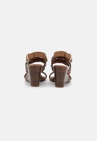 Braune Leder-High-Heelsandalen mit offenen Fersen, verstellbaren Riemen und einem strukturierten Blockabsatz mit gestreiftem Akzent.