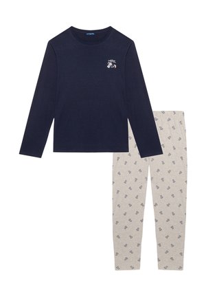 Long-sleeve navy shirt with a small graphic and light gray pants featuring a repeating pattern of small blue designs. Cotton material.