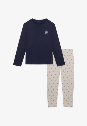 Long-sleeve navy shirt with a small graphic and light gray pants featuring a repeating pattern of small blue designs. Cotton material.