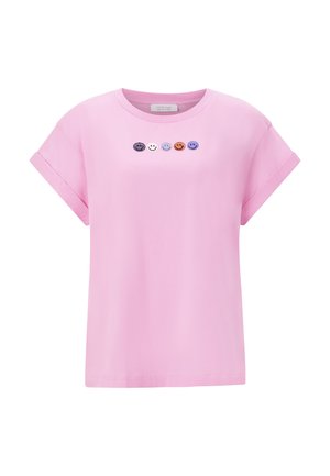 Hellrosa Kurzarm-T-Shirt mit umgeschlagenen Bündchen und fünf kleinen, mehrfarbigen Smileys, die quer über die Brust gestickt sind.