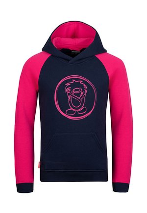 Children's hoodie with navy body, pink sleeves and hood lining, front pocket, and pink cartoon penguin logo in a circle on the chest.
