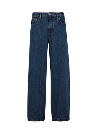 Jeans en denim bleu foncé, avec une coupe large, un design à cinq poches et une fermeture classique à bouton avec une fermeture éclair en métal.