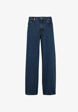 Džínsy z denimu v tmavomodrej farbe, s širokým strihom, dizajnom s piatimi vreckami a klasickým zapínaním na gombík s kovovým zipsom.