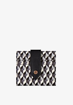 Black and white geometric patterned card holder with a black leather strap and button closure, displaying multiple card slots.