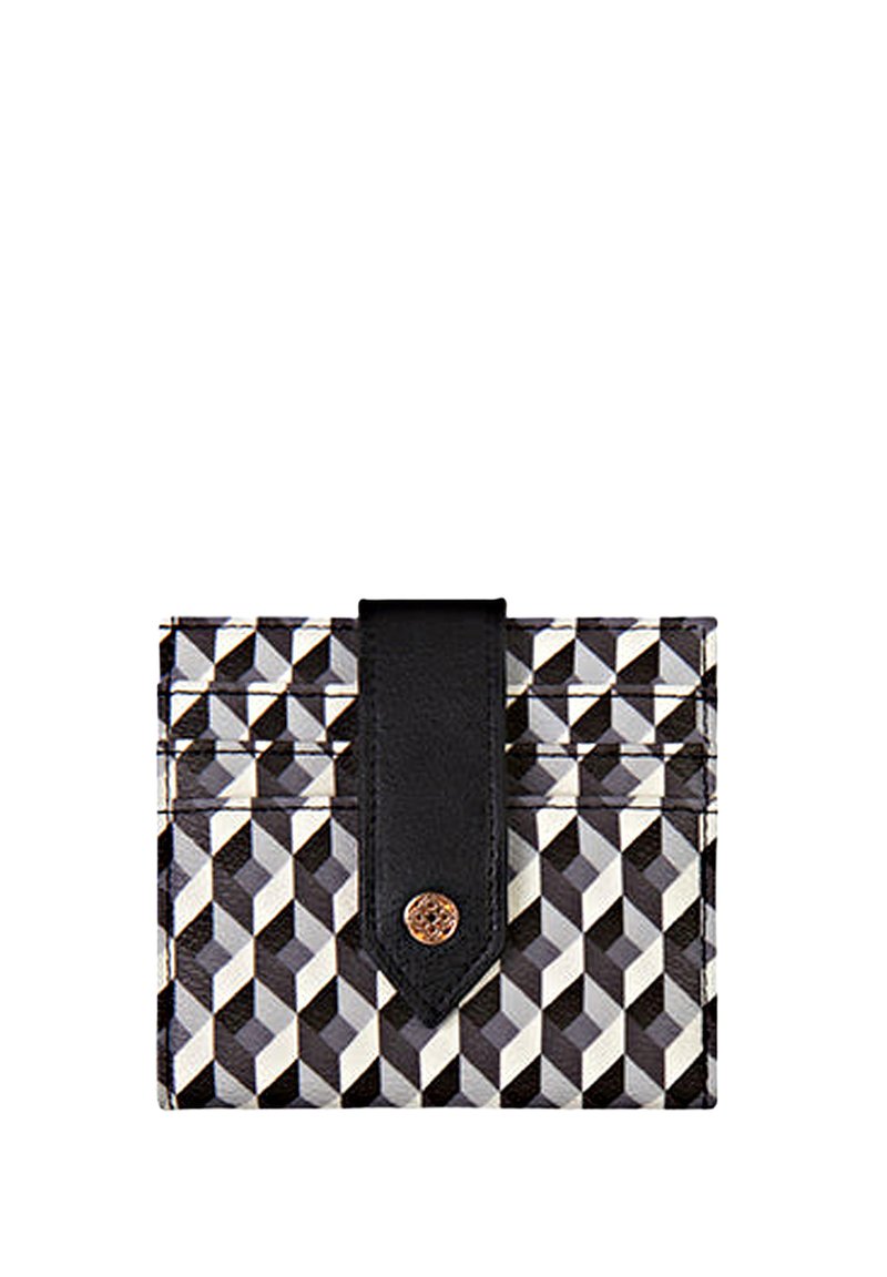 Black and white geometric patterned card holder with a black leather strap and button closure, displaying multiple card slots.
