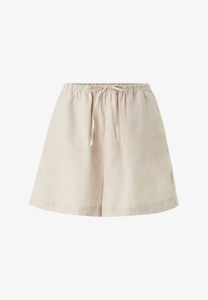 Lys beige linned shorts med elastisktalje og snor. Har sidelommer og en afslappet pasform. Glat tekstur med subtil glans.