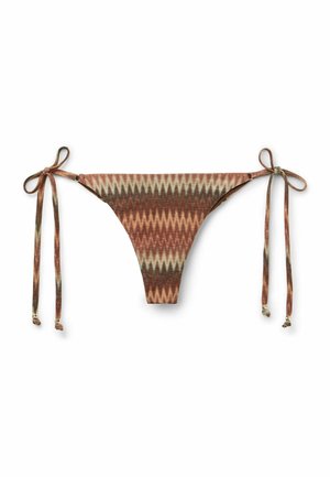 Spodní díl bikin s hnědo-béžovým vzorem cikcak, s nastavitelnými bočními šňůrkami a malými kovovými korálky na koncích.