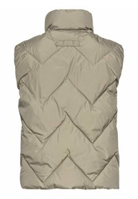 Beige puffervest med høj krave og diamantquiltet mønster. Har et lille logo mærke nær kraven og en glat tekstur.