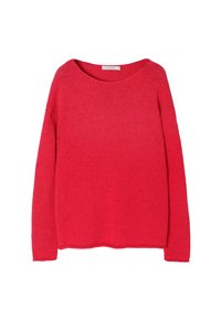 Roter Strickpullover mit weitem Ausschnitt, langen Ärmeln und lockerer Passform. Weiche Textur und Rippenmuster entlang der Kanten.