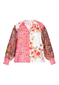 Blusa multicolore con motivi floreali e paisley, con maniche lunghe a sbuffo, chiusura con bottoni sul davanti e scollatura rotonda.