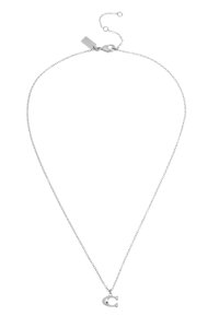 Silver chain necklace featuring a small, shiny letter 'C' charm. Simple design with a lobster clasp and adjustable chain length.
