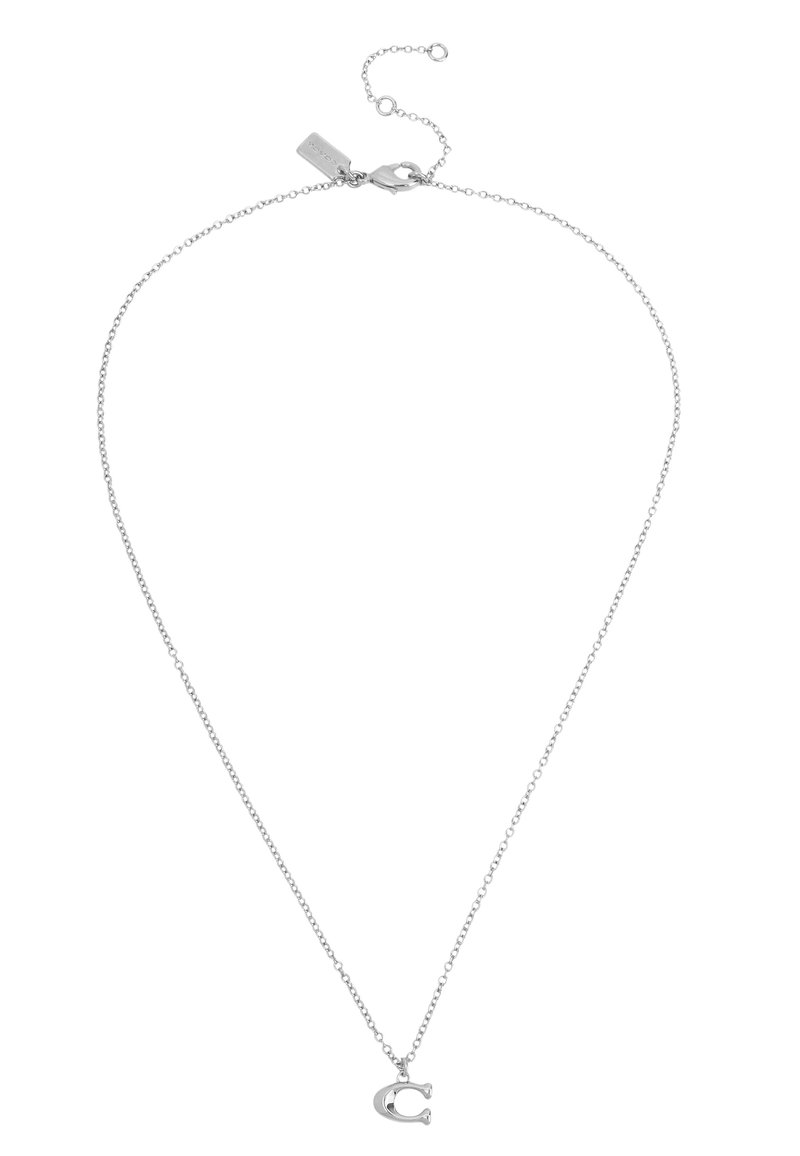 Silver chain necklace featuring a small, shiny letter 'C' charm. Simple design with a lobster clasp and adjustable chain length.