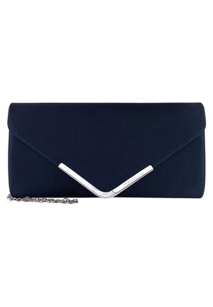 Rectangular black clutch purse with silver V-shaped metal detail and chain strap, set against a plain white background.