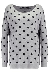 Grå tröja med lång ärm, med en lös passform, vid halsringning och svarta prickar. Stickad textur med ribbade manschetter och nederkant.