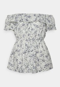 Camisola branca sem mangas com decote franzido, apresentando um padrão floral azul. Cintura elástica para um silhueta ajustada e barra ampla.