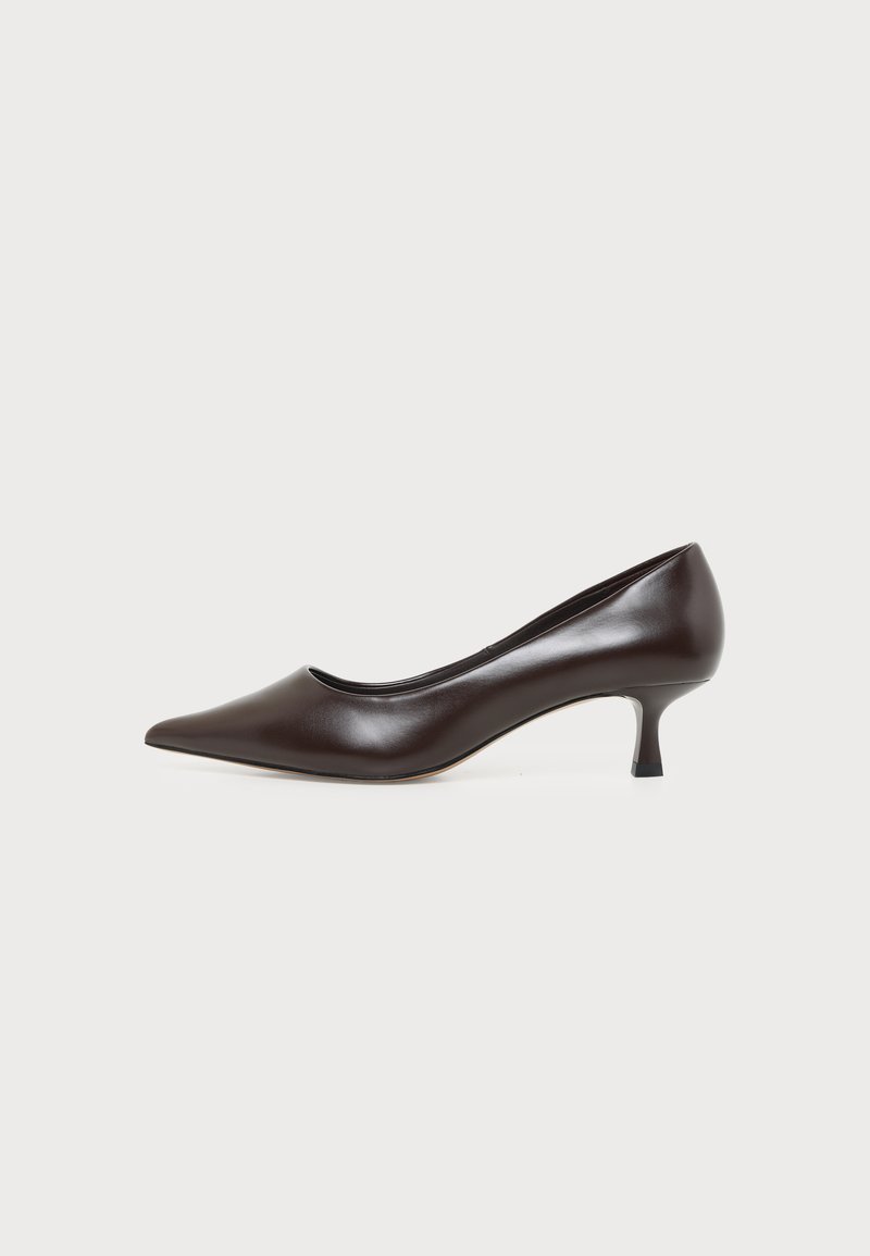 Escarpin en cuir marron foncé à bout pointu avec petit talon incurvé sur fond blanc.