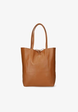 Brązowa skórzana torba tote z dwoma paskami na ramię, zamknięcie na sznurek i gładką fakturą. Minimalistyczny design, niestrukturalny kształt.