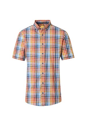 Kurzärmliges kariertes Hemd aus Baumwolle. Es hat orangefarbene, blaue und gelbe Karos, einen Button-down-Kragen und eine Vorderleiste.