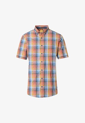 Korte mouwen geruite overhemd van katoen. Heeft oranje, blauwe en gele blokken met een button-down kraag en een voormouw.