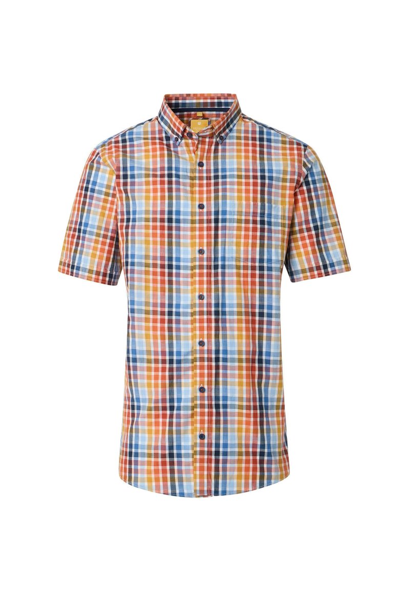 Kurzärmliges kariertes Hemd aus Baumwolle. Es hat orangefarbene, blaue und gelbe Karos, einen Button-down-Kragen und eine Vorderleiste.