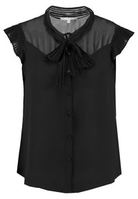 Blusa nera senza maniche con una parte superiore trasparente, maniche a sbuffo, chiusura anteriore con bottoni e dettaglio al collo con nodo. Tessuto morbido con una texture liscia.