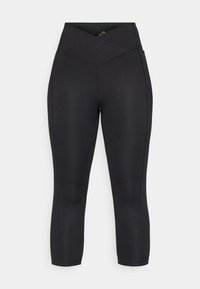 Leggings capri neri realizzati in tessuto elasticizzato. Presentano una vita alta con un design incrociato e dettagli delle cuciture sottili lungo le gambe.