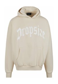 Beige Kapuzenpullover mit weißem "Dropsize"-Text, großer vorderer Tasche, gerippten Bündchen und Saum; aus weichem, strukturiertem Stoff gefertigt.