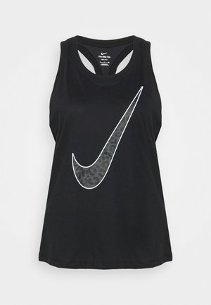 Schwarzes ärmelloses Nike Tanktop mit großem weißem Nike-Swoosh, der ein graues Leopardenmuster enthält. Glatter Stoff, lockere Passform.