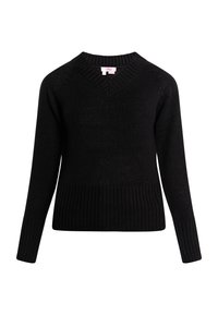 Czarny sweter dzianinowy z dekoltem w serek, ściągaczami przy mankietach i dolnej krawędzi. Prosty design, miękka tekstura i wysokiej jakości materiał. Bez wzorów ani detali metalowych.