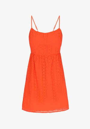 Orange ærmeløs kjole med løs pasform, der har øjelet detaljer, en indsnævret talje og tynde justerbare stropper.