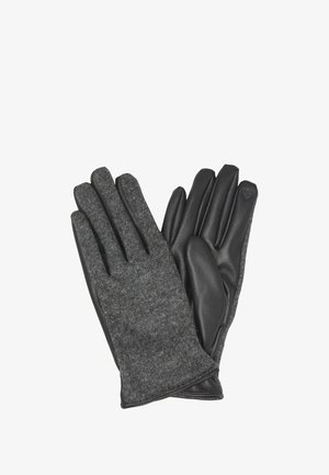 Para szarych rękawic wełnianych i czarn skórzanych, z wełnianą zewnętrzną częścią jednej rękawicy oraz skórzaną dłonią z małą łatą na drugiej.