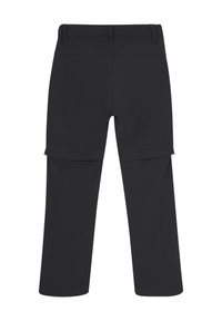 Svarta konvertibla byxor med avtagbara ben, bälteshällor och bakvy som visar rakt ben- design.