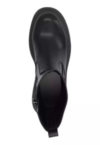 Bottine en cuir noir avec un bout arrondi, fermeture éclair sur le côté et semelle en caoutchouc texturé. Couture renforcée et languette à l'arrière.