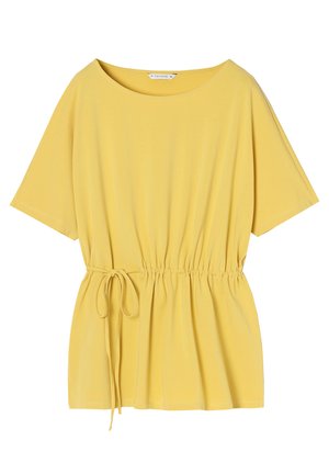 Gul kortærmet top lavet af blødt stof, med en afslappet pasform, indsnøring i taljen og justerbar snøre detaljer. Ensfarvet design.