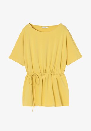 Kollane lühikese varrukaga topp pehmest kangast, millel on lõdvestatud istuvus, kokku tõmmatud talje ja reguleeritav sideelement. Üksik disain.