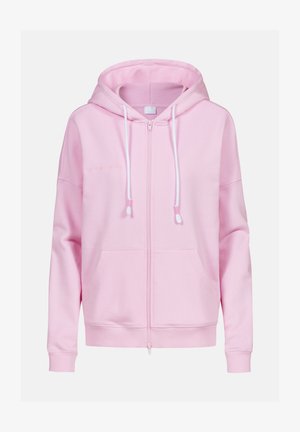 Roze zip-up hoodie met een voorkantzak, witte trekkoorden, ribgebreide manchetten en onderkant. Zachte stof met een gestructureerde afwerking.