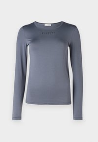 Long-sleeve gray shirt made of soft material, featuring a round neckline and the word "BLANCHE" printed in black on the chest.
