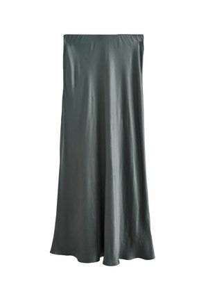Gray satin maxi skirt with a smooth texture, elastic waistband, and a flowing A-line shape, reaching the floor with minimal draping.