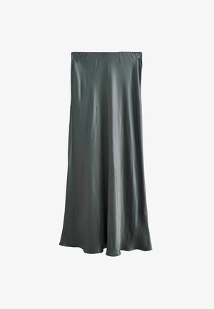 Gonna maxi in satin grigia con una texture liscia, vita elastica e una forma A-line che scende fino al pavimento con una drappeggiatura minima.
