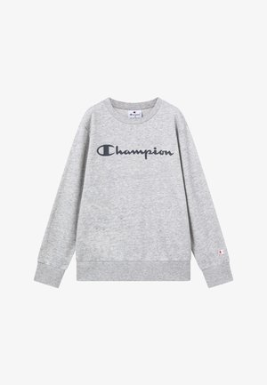 Szara bluza z miękkiego materiału z okrągłym dekoltem i ściągaczami na rękawach. Z przodu znajduje się ciemne logo "Champion".