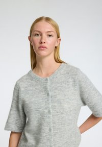 Cardigan lavorato a maglia grigio chiaro con maniche corte, scollatura rotonda e cinque bottoni sulla parte anteriore. Tessuto morbido con una leggero motivo.