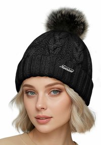 Black knit beanie with thick ribbing and a cable pattern, topped with a faux fur pom-pom. Logo embroidered on the front.