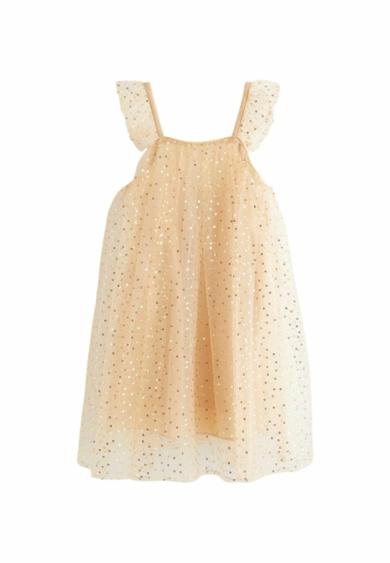 Robe sans manches en tulle beige clair avec des bretelles volantes et des embellissements en sequins dorés sur tout le tissu.