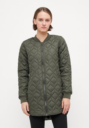 Geplüschte lange Jacke in Olivgrün mit einem durchgehenden Reißverschluss, gerippten Bündchen und einem Rautenmuster. Glatte Textur und leichtes Design.