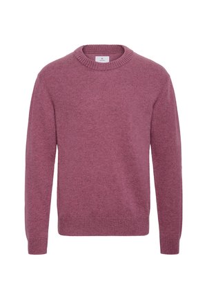 Pulóver s okrúhlym výstrihom v jednofarebnej farbe mahagónovej fialovej, vyrobený z mäkkej pleteniny. Má dlhé rukávy a rebrované manžety a lem.