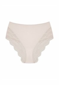 Light beige high-waisted underwear with lace trim featuring delicate patterns along the edges. Smooth texture, soft fabric.
