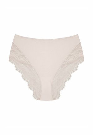 Light beige high-waisted underwear with lace trim featuring delicate patterns along the edges. Smooth texture, soft fabric.