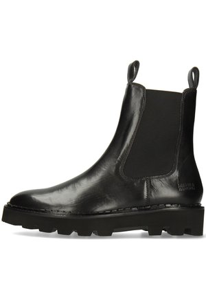 Μαύρο δερμάτινο μποτάκι Chelsea με ελαστικές πλαϊνές πλάκες, υφή και ανθεκτική καουτσούκ σόλα με σαφή μοτίβο πρόσφυσης.