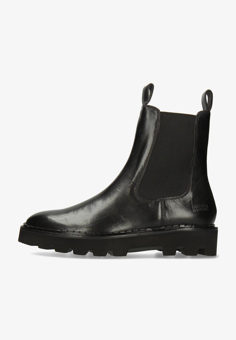 Μαύρο δερμάτινο μποτάκι Chelsea με ελαστικές πλαϊνές πλάκες, υφή και ανθεκτική καουτσούκ σόλα με σαφή μοτίβο πρόσφυσης.